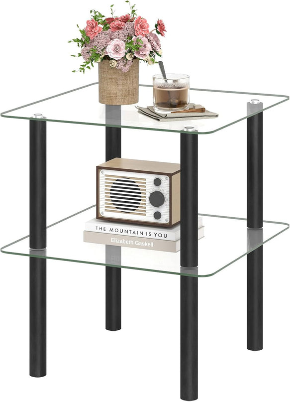 Giantex Square End Table, 2-Tier Sofa Side Table with Clear Tempered Glass Top & Shelf