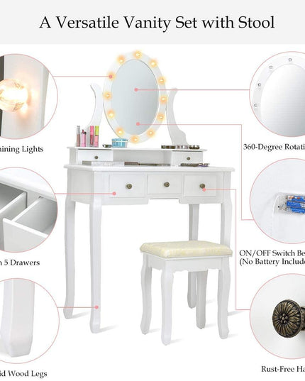 LED Vanity Set Dressing Table with Mirror White Makeup Vanities with Padded Stool - Giantexus