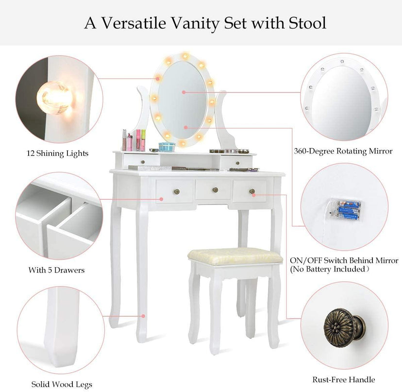 LED Vanity Set Dressing Table with Mirror White Makeup Vanities with Padded Stool - Giantexus