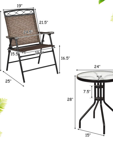 Giantex Patio Dining Set Round Glass Table with 2 Patio Folding Chairs(Brown)
