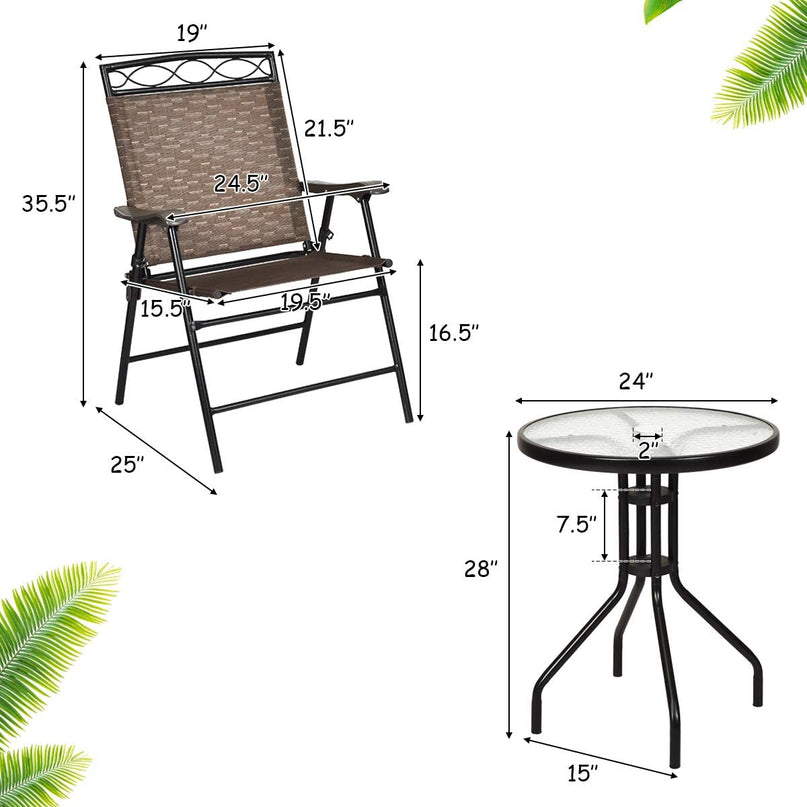 Giantex Patio Dining Set Round Glass Table with 2 Patio Folding Chairs(Brown)