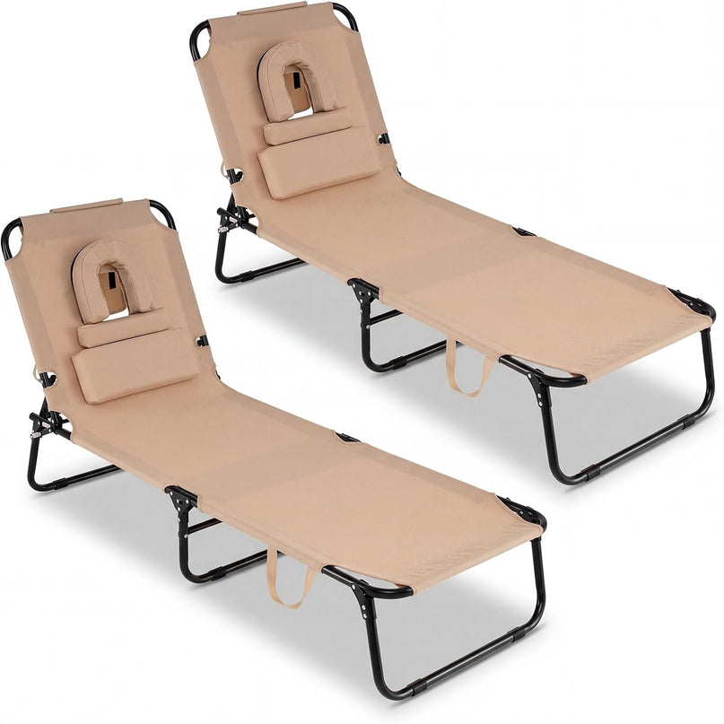 Giantex Folding Beach Tanning Chair - Adjustable Patio Lounge Chair w/Face Hole