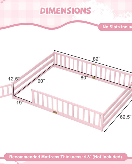 Giantex Floor Bed with Door & Fence Kids Wood Montessori Bed