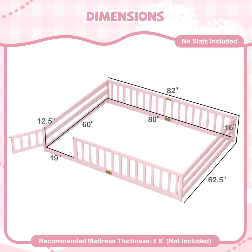 Giantex Floor Bed with Door & Fence Kids Wood Montessori Bed
