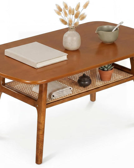 Giantex Rattan Coffee Table, 39.5" Wood Center Table with Storage & Solid Rubber Wood Legs