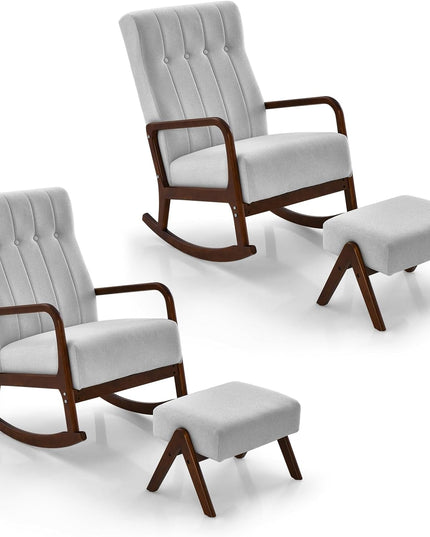 Giantex Rocking Chair with Ottoman, Upholstered Rocker Chair with Solid Rubber Wood Frame