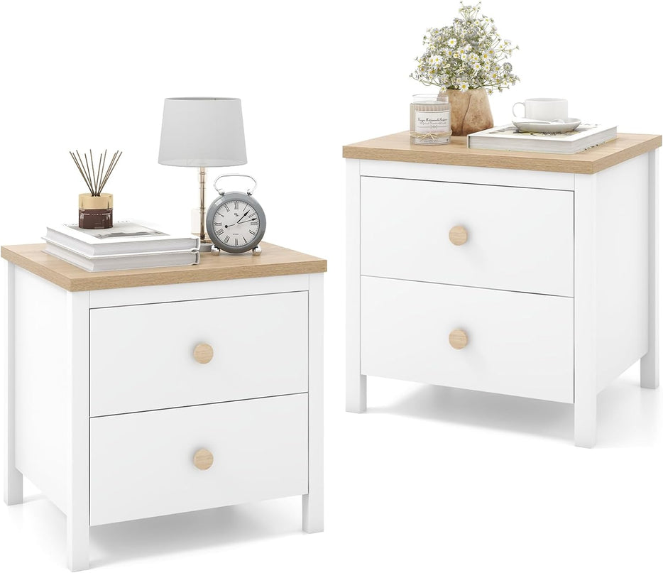 Giantex Night Stand with 2 Drawers, Farmhouse Bedside Table with Cute Round Knobs