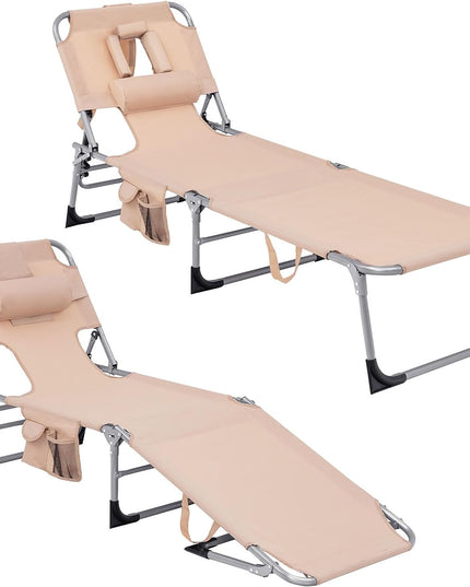 Giantex Tanning Chair Folding Beach Chair w/Face Arm Hole, Washable Pillow, Pocket