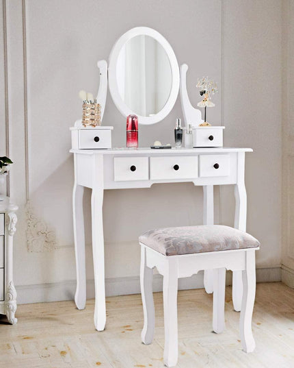 Vanity Set with Oval Mirror and 5 Drawers Girls Women Makeup Organizer Table, White - Giantexus