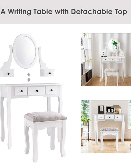Vanity Set with Oval Mirror and 5 Drawers Girls Women Makeup Organizer Table, White - Giantexus