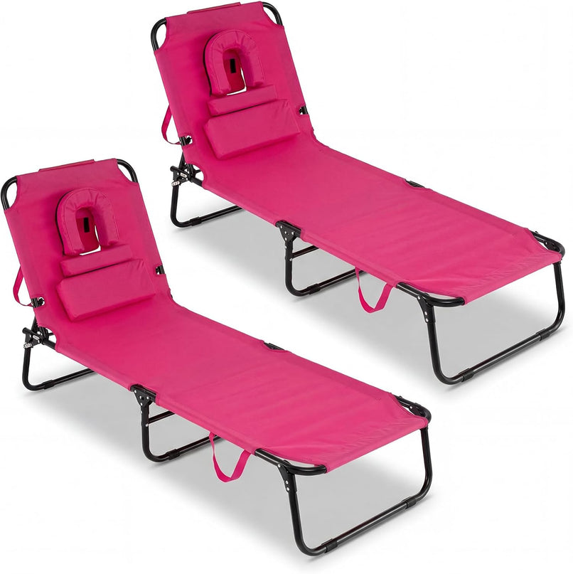 Giantex Folding Beach Tanning Chair - Adjustable Patio Lounge Chair w/Face Hole