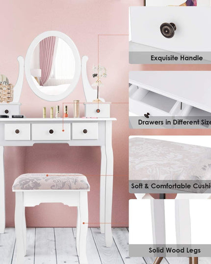 Vanity Set with Oval Mirror and 5 Drawers Girls Women Makeup Organizer Table, White - Giantexus