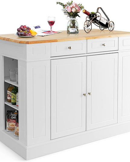 Giantex Kitchen Island with Drop Leaf, Rubber Wood Top, 2 Drawers, Storage Cabinets