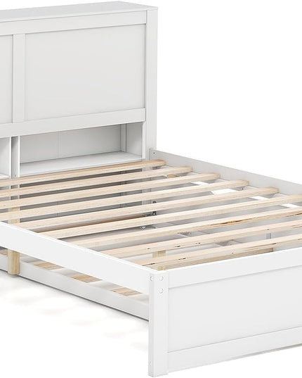 Giantex Full Bed Frame with Twin Trundle, Wooden Bed Wooden Bed Frame with 2 Rolling Bookcases & High Headboard