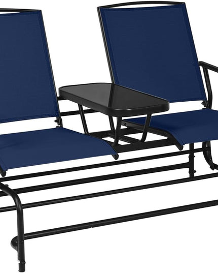 Giantex 2 Person Outdoor Double Glider Chair, Mesh Fabric Rocking Chair w/Center Tempered Glass Table