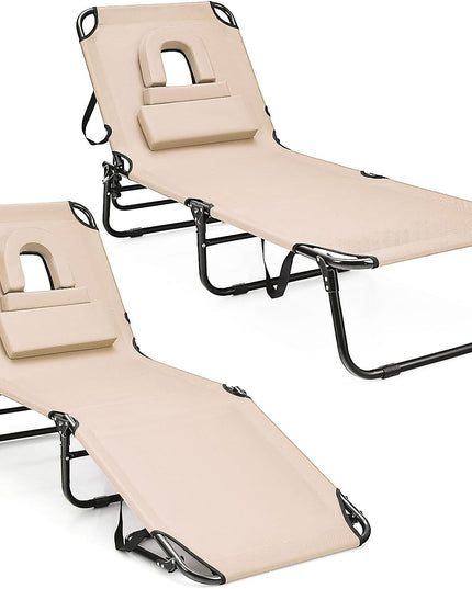 Giantex Folding Beach Tanning Chair - Adjustable Patio Lounge Chair w/Face Hole, Removable Pillows, Carry Strap