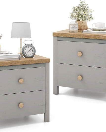 Giantex Night Stand with 2 Drawers, Farmhouse Bedside Table with Cute Round Knobs