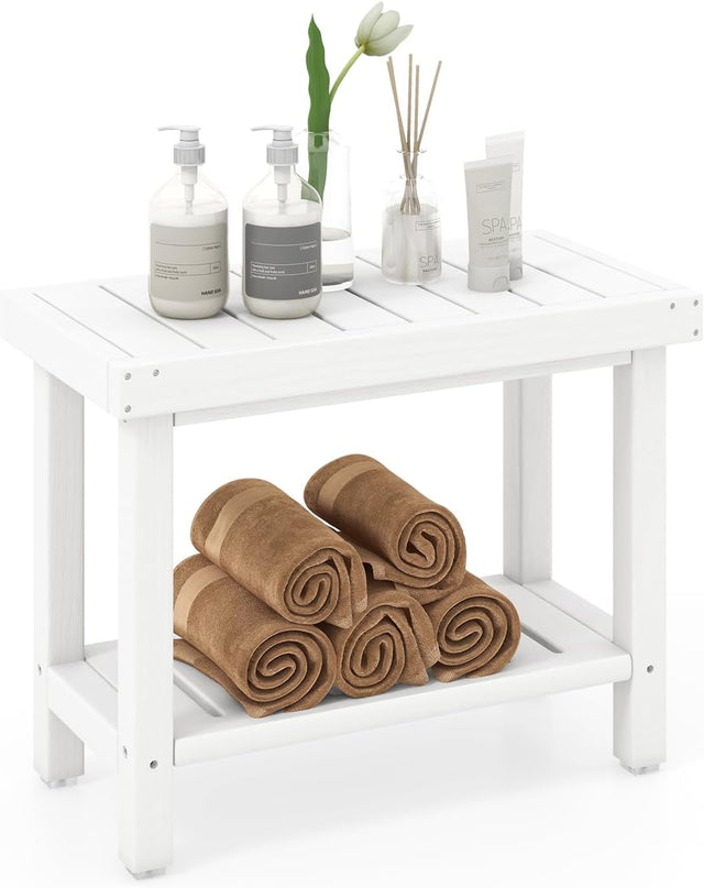 Giantex Shower Bench Stool Waterproof - HDPE Shower Seat with Storage Shelf for Shaving Legs