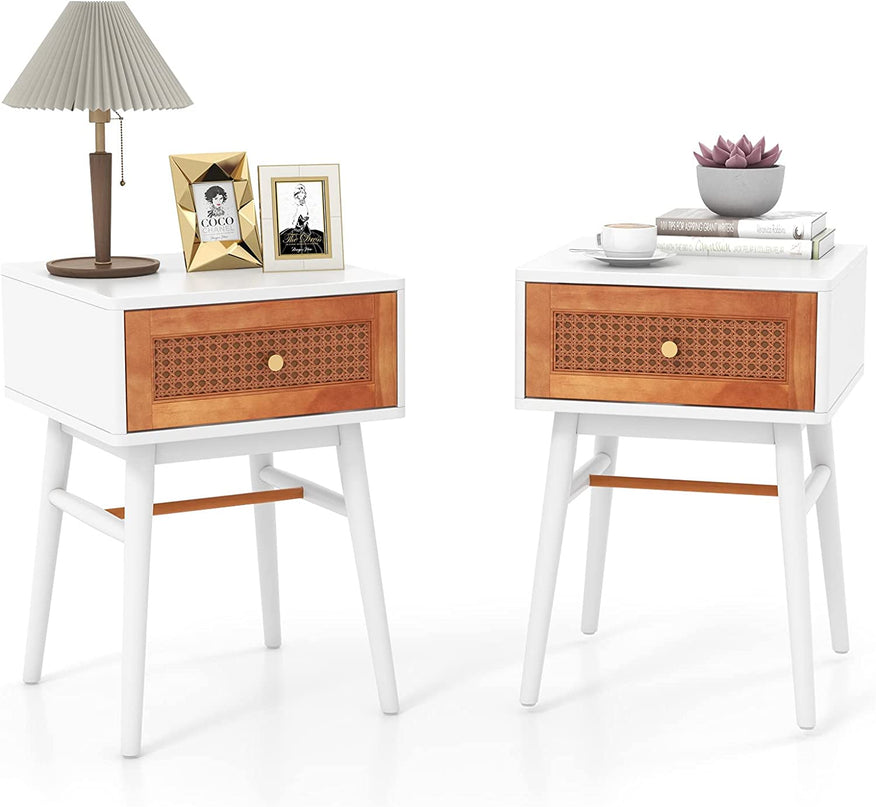 Giantex Rattan Nightstand, Boho End Side Table with Rattan Decorated Storage Drawer & Solid Wood Legs