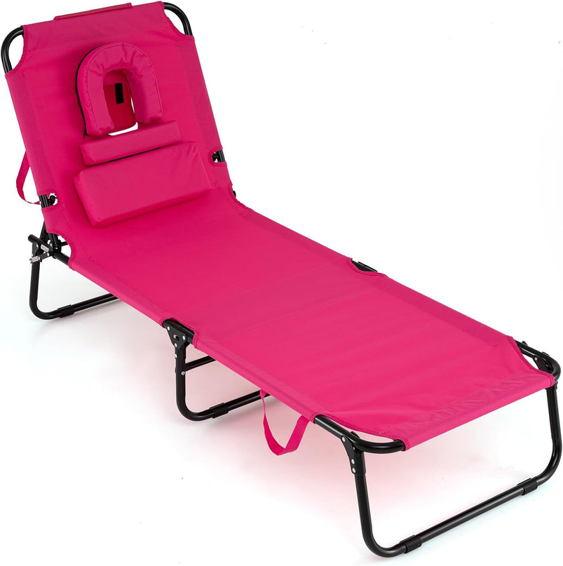Giantex Folding Beach Tanning Chair - Adjustable Patio Lounge Chair w/Face Hole