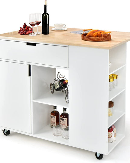 Giantex Kitchen Island Cart Drop-Leaf Countertop, Rubber Wood Breakfast Dining Table w/Large Drawer
