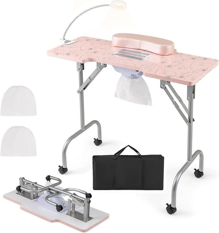 Giantex Foldable Nail Desk - Manicure Table with Built-in Dust Collector Fan, Adjustable LED Lamp