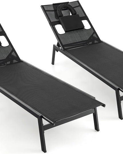 Giantex Patio Chaise Lounge Chair - Outdoor Lounge Chaise with Face Hole, Detachable Head Pillows, Black
