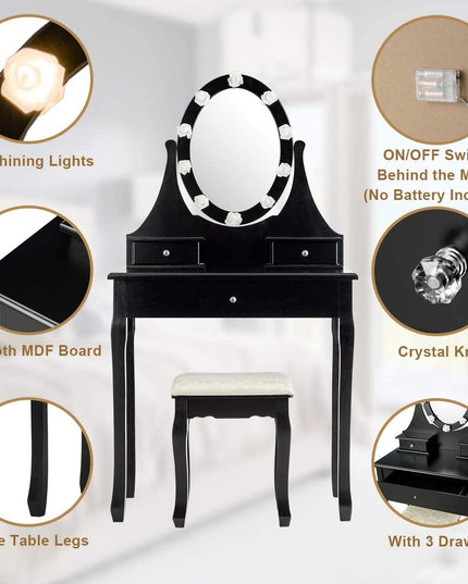 Vanity Set with Lighted Mirror, Makeup Table with 10 Rose Light - Giantexus