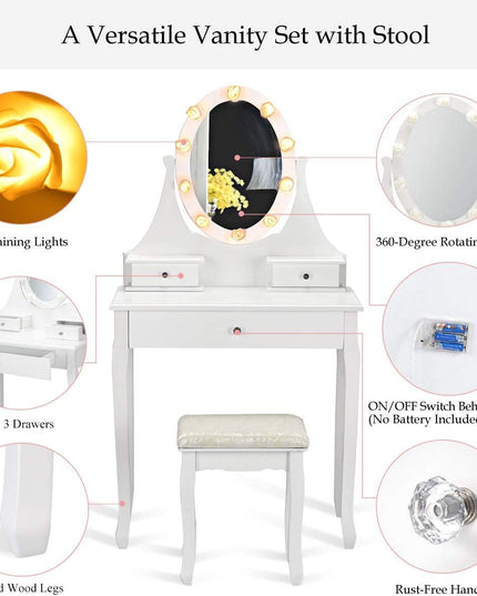 Vanity Set with Lighted Mirror, Makeup Table with 10 Rose Light - Giantexus