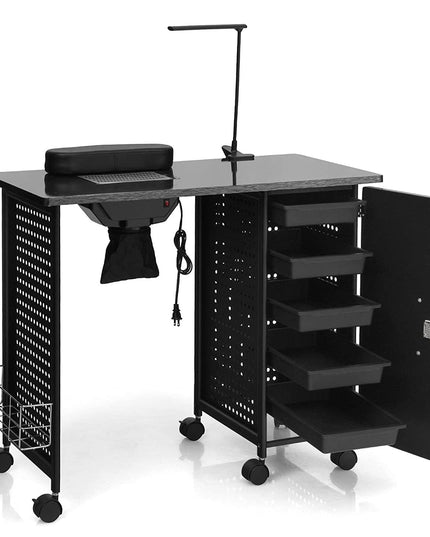 Nail Desk Manicure Table Steel Frame Nail Tables for Technician (Pure Black) - Giantexus