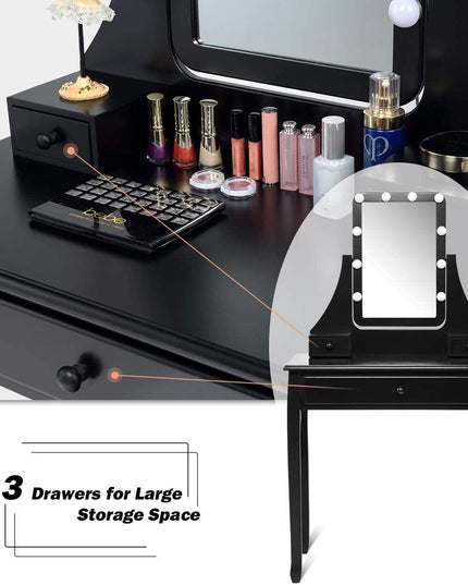 CHARMAID | Vanity Set with Lighted Mirror, Makeup Dressing Table with 10 LED Dimmable Bulbs, Touch Switch, 3 Drawers 2 Dividers - Giantexus