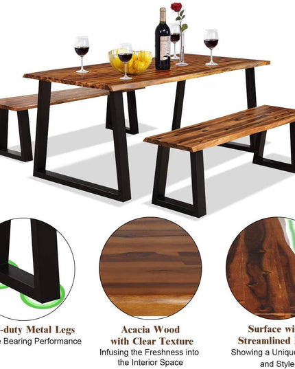 3PCS Wooden Dining Set Bench Chair Rustic Indoor &Outdoor Furniture - Giantexus