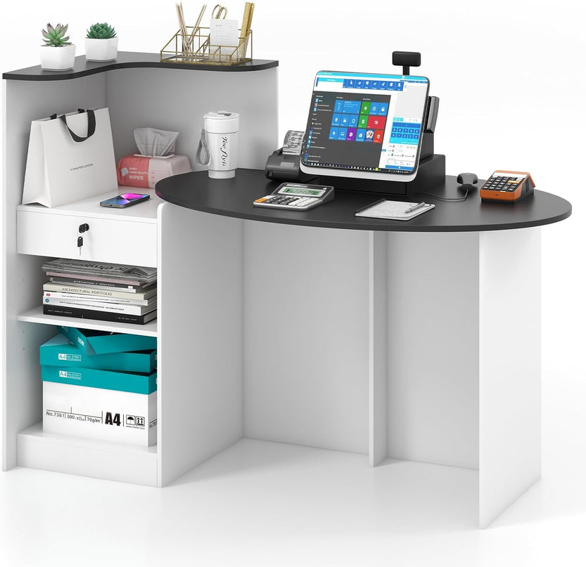 Giantex Reception Desk, Front Counter Desk with Lockable Drawer, Oval Tabletop & Adjustable Shelf