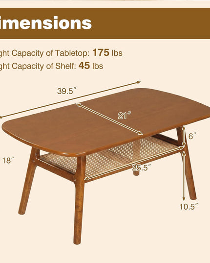 Giantex Rattan Coffee Table, 39.5" Wood Center Table with Storage & Solid Rubber Wood Legs