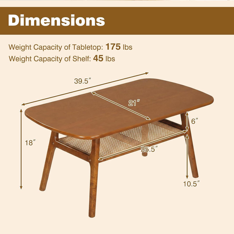 Giantex Rattan Coffee Table, 39.5" Wood Center Table with Storage & Solid Rubber Wood Legs