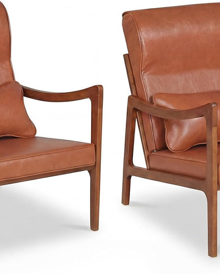 Giantex Mid-Century Faux Leather Upholstered Armchair with Lumbar Pillow (1/2)