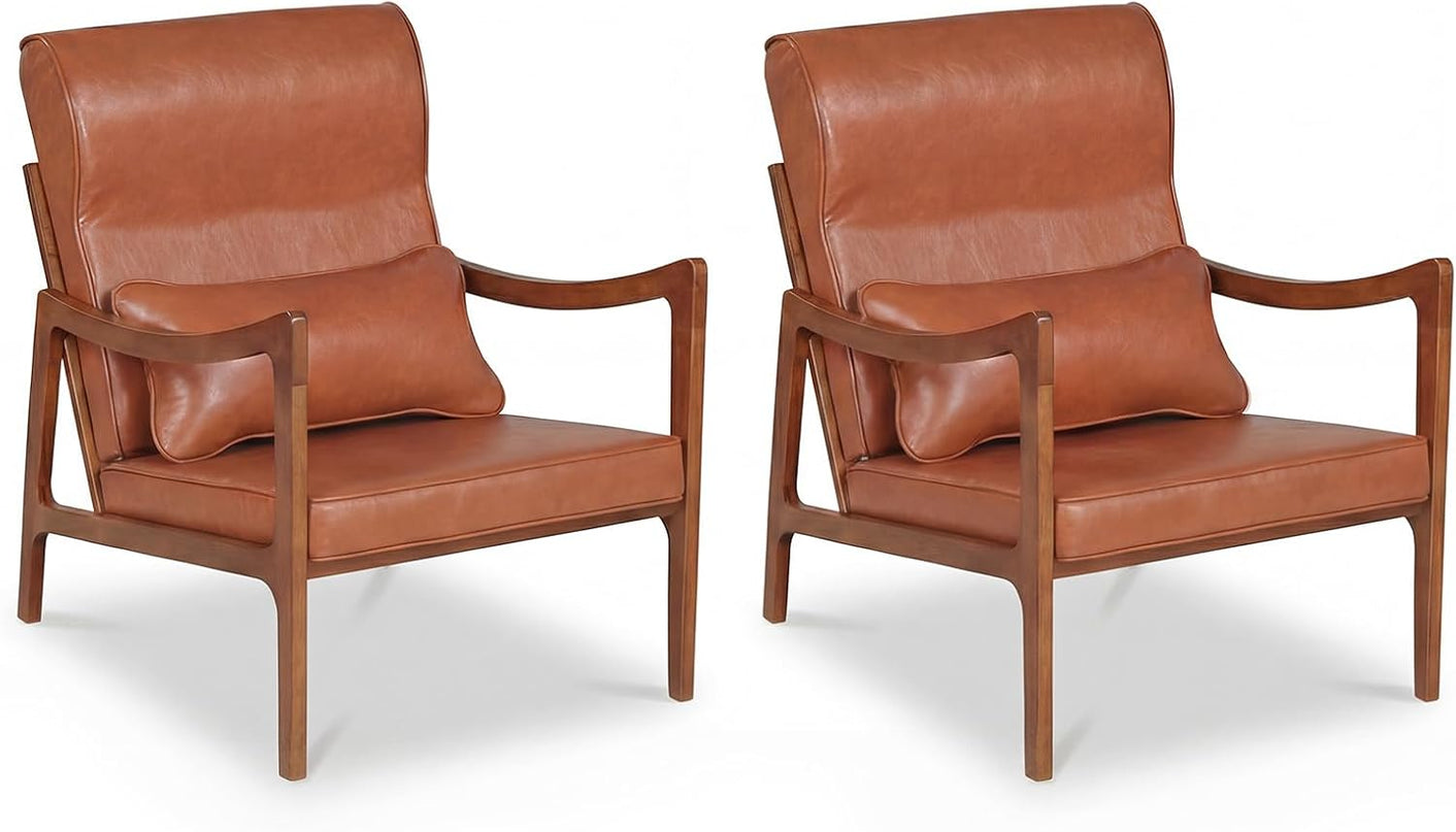 Giantex Mid-Century Faux Leather Upholstered Armchair with Lumbar Pillow (1/2)