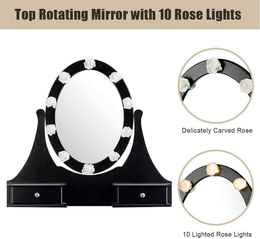 Vanity Set with Lighted Mirror, Makeup Table with 10 Rose Light - Giantexus