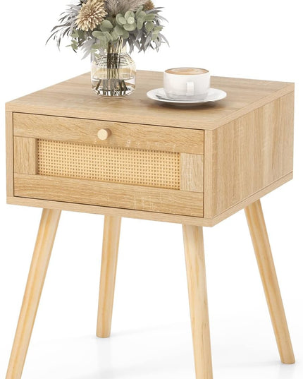 Giantex Boho Rattan Nightstand Set of 2 - Bedside Table with Hand-Woven Rattan Decoration, Natural
