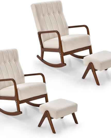 Giantex Rocking Chair with Ottoman, Upholstered Rocker Chair with Solid Rubber Wood Frame