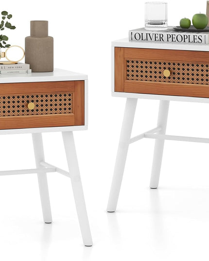 Giantex Rattan Nightstand, Mid Century Modern End Table with Handwoven Rattan Decorated Drawer
