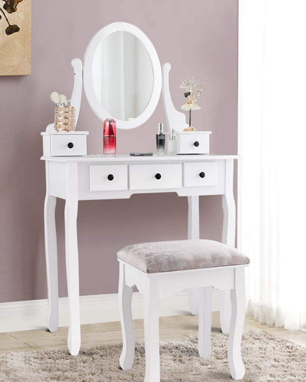 Vanity Set with Oval Mirror and 5 Drawers Girls Women Makeup Organizer Table, White - Giantexus