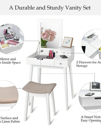 Vanity Table Set with Flip Top Mirror and Cushioned Stool with 2 Drawers, White - Giantexus