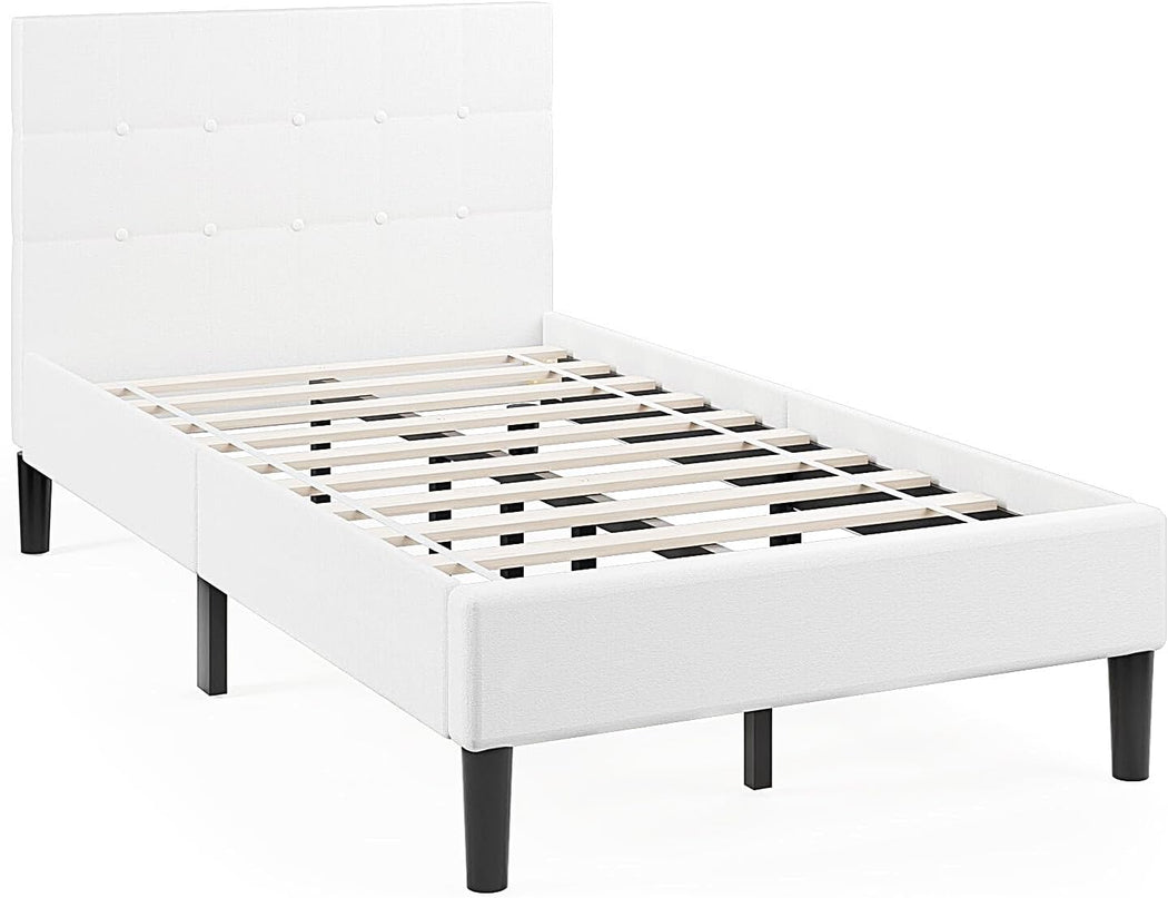 Giantex Upholstered Platform Bed Twin Size, Modern Bed Frame with Button Tufted Headboard (Beige)