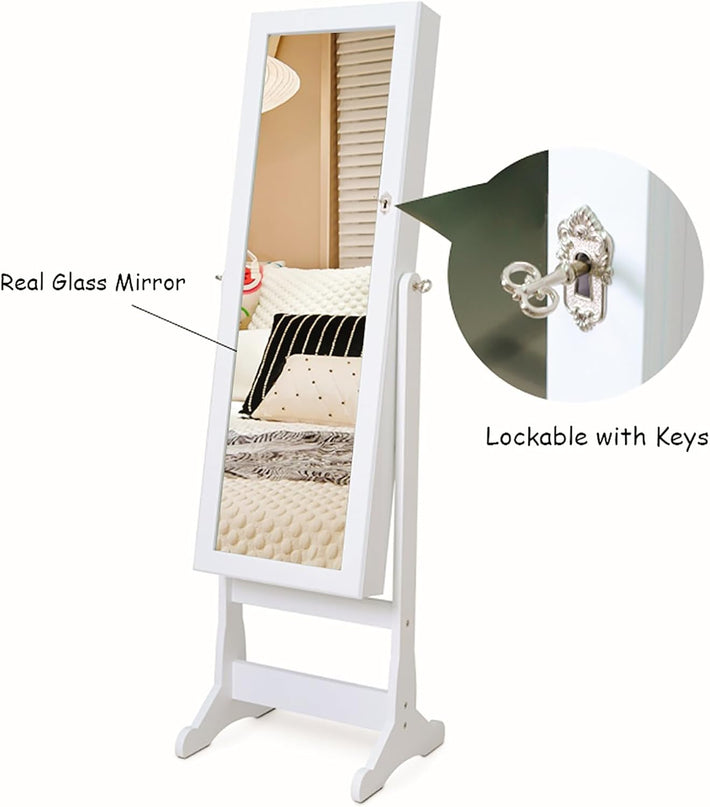 Giantex 57.5"H 2 LEDs Standing Jewelry Cabinet with Full Length Mirror with 2 Drawers, 4 Adjustable Angles, Jewelry Storage Organizer