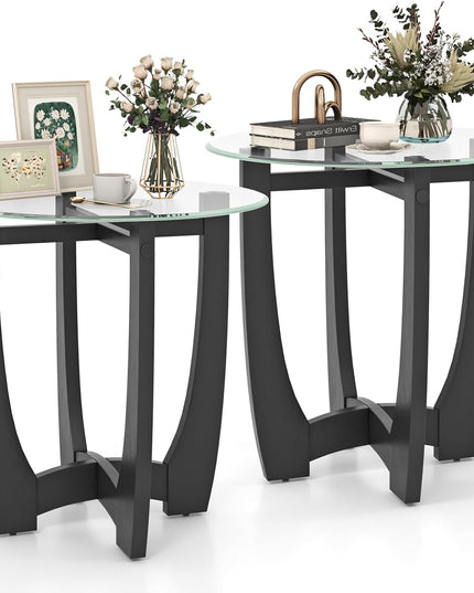 Giantex Glass End Table, Round Side Table with Rubber Wood Frame & Tempered Glass Top, 23.5" Small Black Coffee Table