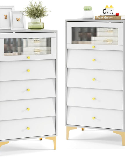 Giantex 4-Drawer Dresser with Flip Up Fluted Glass Door