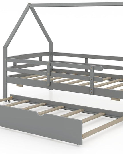 Giantex Twin House Bed with Trundle, Wood Kids Bed Frame with Roof & Fence Rails