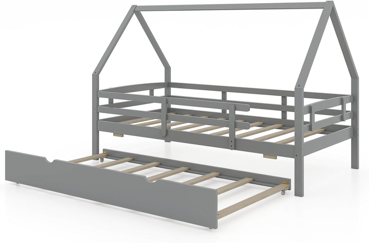 Giantex Twin House Bed with Trundle, Wood Kids Bed Frame with Roof & Fence Rails