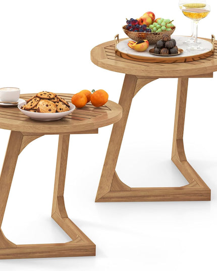 Giantex Teak Wood Outdoor Round Side Table with Slatted Tabletop